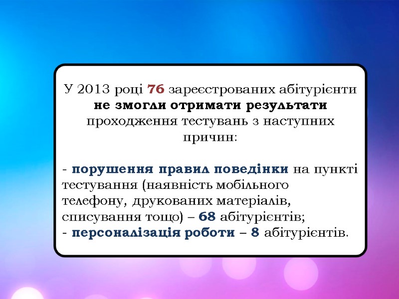 У 2013 році 76 зареєстрованих абітурієнти не змогли отримати результати проходження тестувань з наступних